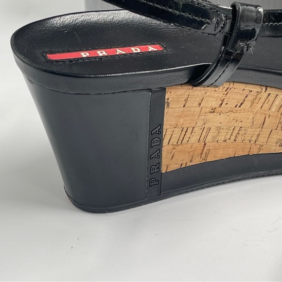 NEW AUTH PRADA SPORT ROSA LINEA 38 8 CORK PLATFORM PATENT THONG SANDAL BLACK NIB - Picture 10 of 11